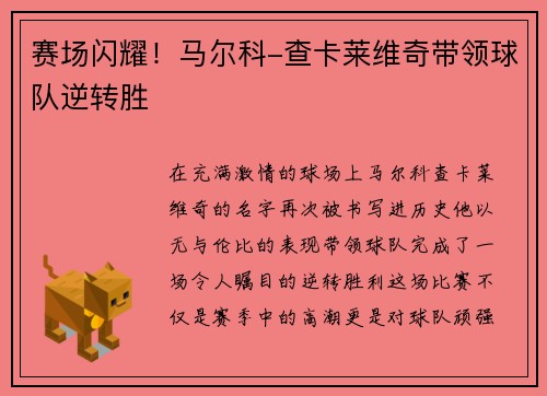 赛场闪耀！马尔科-查卡莱维奇带领球队逆转胜