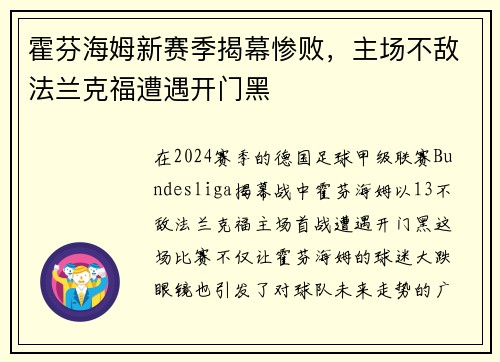 霍芬海姆新赛季揭幕惨败，主场不敌法兰克福遭遇开门黑