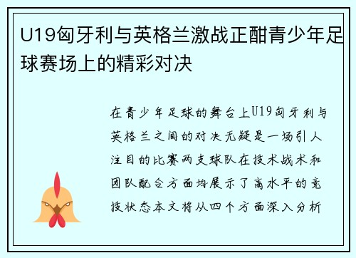 U19匈牙利与英格兰激战正酣青少年足球赛场上的精彩对决