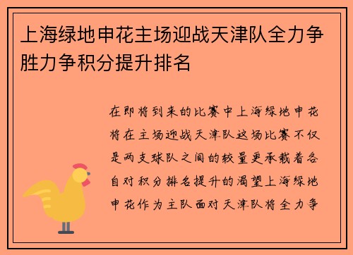 上海绿地申花主场迎战天津队全力争胜力争积分提升排名