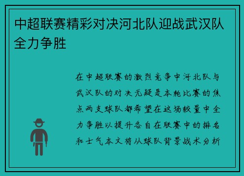 中超联赛精彩对决河北队迎战武汉队全力争胜