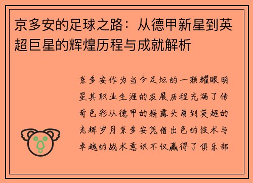 京多安的足球之路：从德甲新星到英超巨星的辉煌历程与成就解析