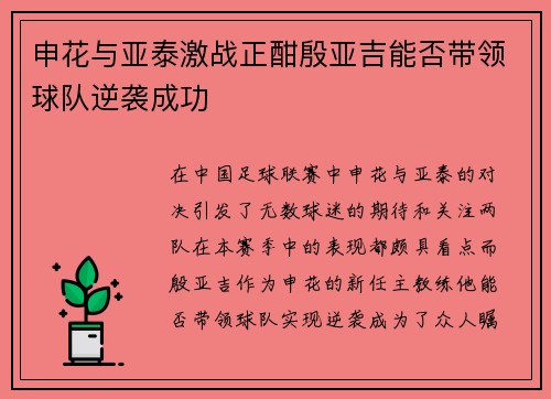 申花与亚泰激战正酣殷亚吉能否带领球队逆袭成功