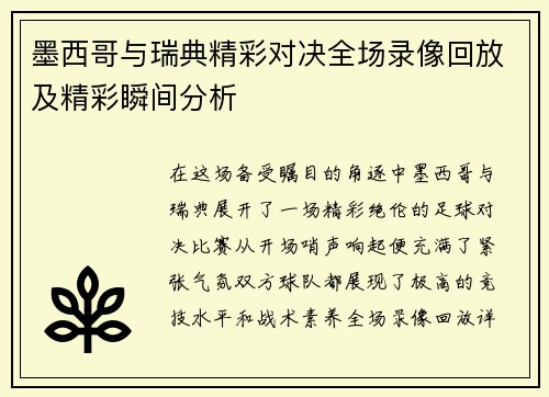 墨西哥与瑞典精彩对决全场录像回放及精彩瞬间分析