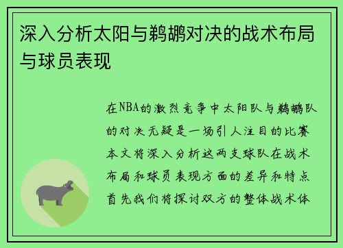 深入分析太阳与鹈鹕对决的战术布局与球员表现